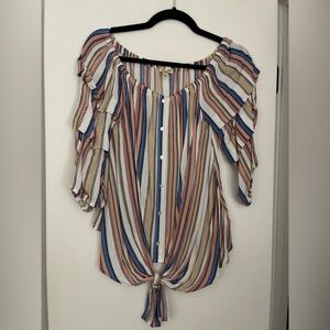 Lily White Striped Off-Shoulder Tie-Front Blouse in Blue, Pink & Cream